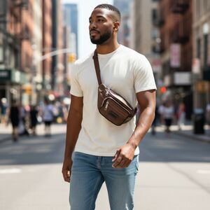 Nikos Leather Fanny Pack Multi Zippered Waist Bag Hip Belt Purse Black Pouch